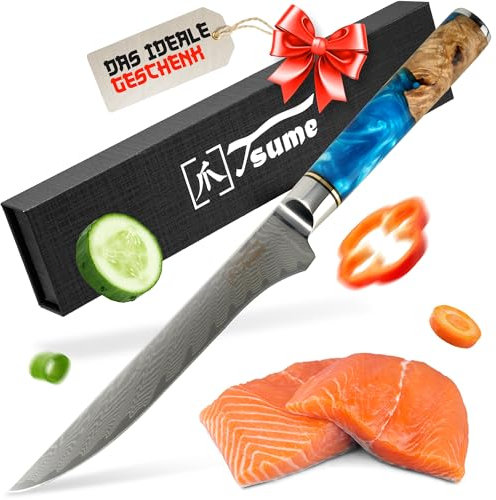 Tsume Filetiermesser Saphir, Klingenlänge 15cm, Echtes Damast Küchenmesser, 67 Schichten VG10 Edelstahlkern mit blauem und weißen Kunstharz und Holz Handgriff, Rasiermesserscharf