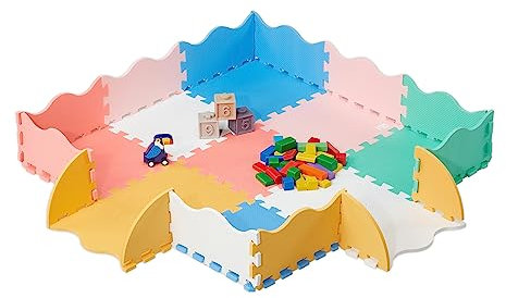 Relaxdays Puzzlematte, 25-TLG. Spielmatte mit Rand, schadstofffrei, abwaschbar, Schaumstoff, Baby Krabbelmatte, bunt, Rosa, Gelb, Blau
