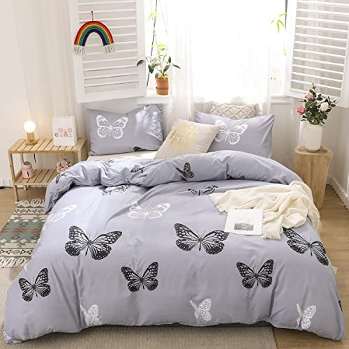 Freyamy Mädchen Bettwäsche Set 200x220cm 3teilig Grau Schmetterling Wendebettwäsche Gebürstet Microfaser Weiche Bettwaren-Sets Romantisch Mädchen Bettbezug mit Reißverschluss und 2 Kissenbezug 80x80cm