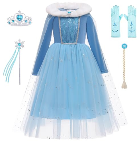 KANDEMY Costume Princesse des Neiges Fille, Robe de Bal Velours Bleu Scintillant avec Tulle, Set Complet avec Tiare + Baguette Magique + Gants + Tresse, Déguisement Carnaval Anniversaire Fête