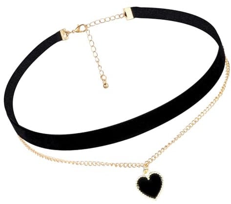 Schwarze Samt Choker Halskette Elegantes Herz Anhänger Halsband Verstellbare Geschichtete Halskette Punk Gothic Schmuck für Damen und Mädchen