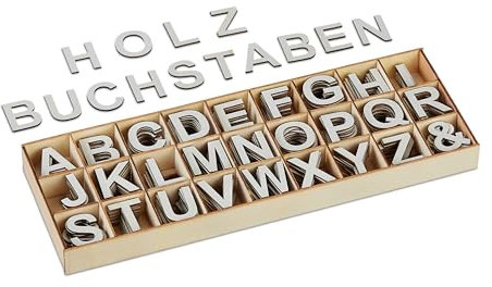 Relaxdays Holzbuchstaben Set, 324 TLG, Großbuchstaben A-Z, Und-Zeichen, 3 cm, kleine Buchstaben zum Basteln, Deko, grau
