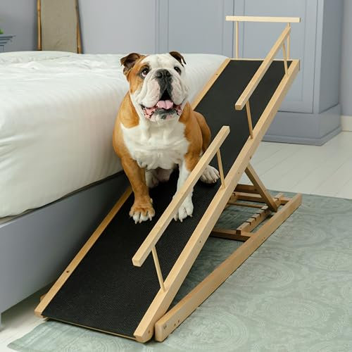 Rampa para perros para cama con Rieles de seguridad PRIORPET - Madera de Abedul - Ajustable - Para camas altas de hasta 94.5 cm - Plegable - Agarre antideslizante - Para perros de hasta 23kg - Natural