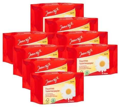 Jeden Tag Feuchtes Toilettenpapier Kamille 70 Tücher | pH Hautneutral, 100% Biologisch abbaubar | für eine mildende und hygienische Reinigung (8er Pack)