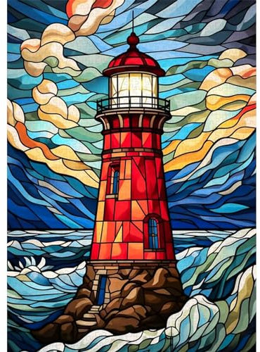 QENSPE 5D Diamond Painting Leuchtturm Diamant Painting Bilder Buntes Diamond Art Erwachsene Full DIY Diamant Kunst Malerei Stickerei Set Kreuzstich Bilder Home Wand Dekor 30x40cm
