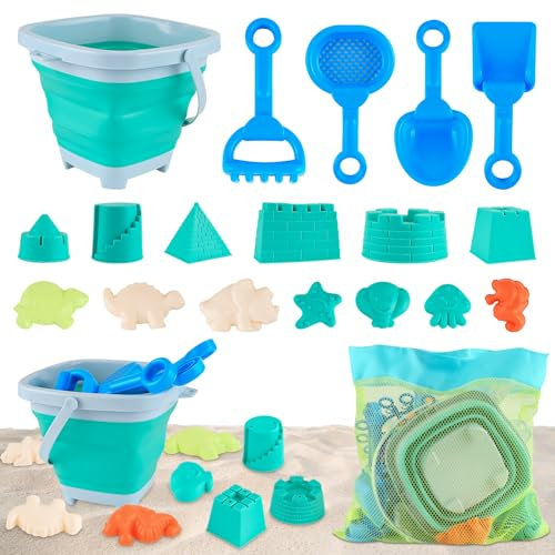 COEKI Sandspielzeug Strandspielzeug Kinder, 19 Stück Sandspielzeug Set, Sandkasten Spielzeug mit Faltbarer Eimer, Schaufel, Sandharke, Sandförmchen, Gartenspielzeug für Kinder Jungen Mädchen