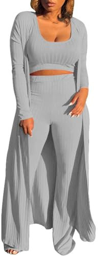 3-teiliges Lounge-Set für Damen Sexy Solid Loungewear-Outfits Crop Tops und hoher Taille Hose mit offener Vorderseite und offener Strickjacke,Cardigan, Jacke, Crop-Top, Hose, Anzug,Freizeitanzug