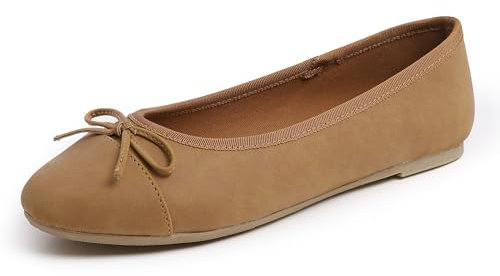 Feversole Women's Bow Tie Fashion Dress Slip On Shoes Round Toe Ballet Camel Nubuck Toe Cap UK Size 5