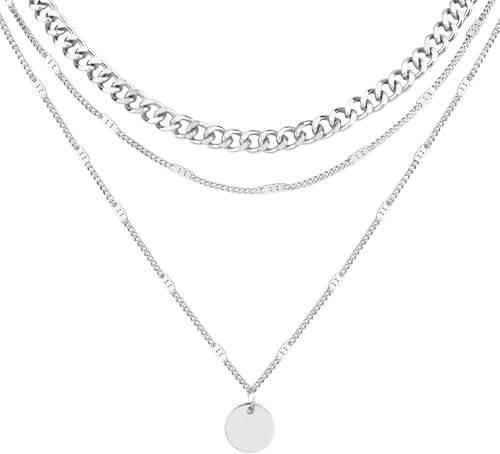 LOLIAS Kette Silber Damen Layering Halskette Damen Kette Silber Wasserfest Lange Ketten mit Anhänger Doppel Mehrreihige Zarte Silber Kette Damen Rund Plättchen Schmuck