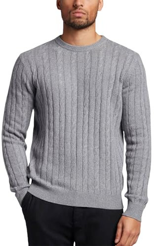 WJL WHISPERING JONES LONDON Mens Cable Knit Jumper Thick Weave Pullover Winter Fisherman Logo Knitted Sweater Long Sleeve Warm, Grey - FE, XL