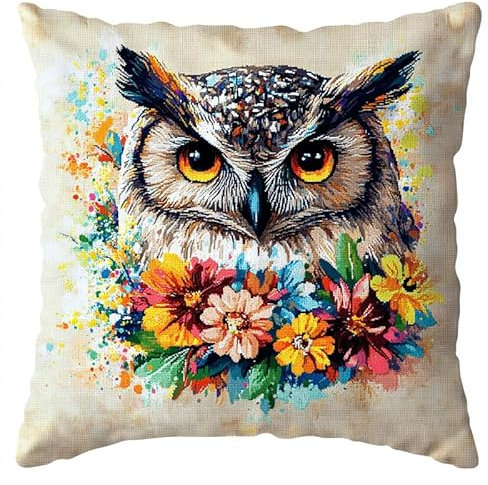 11CT Kreuzstich Kissen Vorgedruckt, Blumen und Eule Stickkissen mit Muster 45X45cm Stickset für Kreuzstichkissen Kreuzstich Kissen zum Basteln Stickkissen Stickpackung