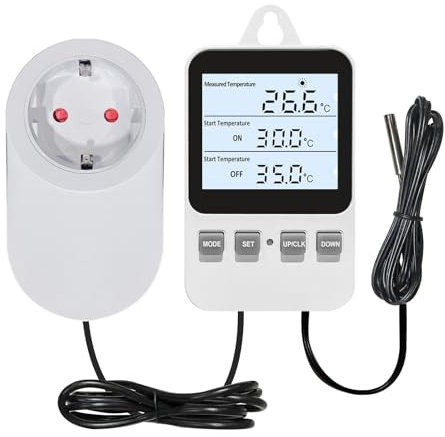 Digitaler Plug in Thermostat Steckdose, Heizen Kühlen Elektrischer Temperaturregler, Heizen Kühlen Schalter mit Sensor, für Inkubation Heizmatte Reptilien Gewächshäuser Terrarium, 230V 16A