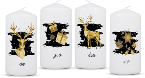 GRAVURZEILE Bedruckte Adventskerzen - Advent Geometrisch Gold - Weihnachtskerze für den Adventskranz 4er Set - Dekoration zu Weihnachten - Geschenk für Sie & Ihn - Stumpenkerze 120/58 mm