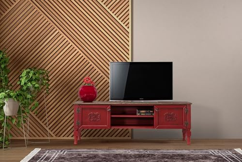 Hanah Home Stylish Red TV Unit, 150 cm Wide, 40 cm High, 50 cm Deep | 100% MDF with Spruce Top & Hornbeam Legs | Modern Design for Living Room & Entertainment Spaces