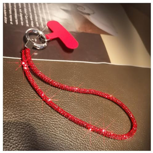 Hrlace Handy Lanyard Universal Strass Handykette Handgelenkband Glitzer Strass Kristall Telefon Lanyard zum Umhängen Handyband Handschlaufe Lanyard mit Patch für alle Smartphone Kurz rot#1