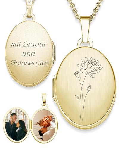 Medaillon Gold oval mit Geburtsblume Seerose Geburtsmonat Juli | Foto Amulett Anhänger antik vintage | personalisierte Halskette Damen
