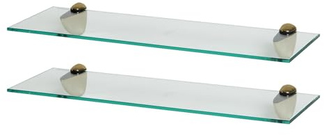 Harbour Housewares Floating Glass Bathroom Shelves - 60cm - Clear/Gold - 2x Wall-Mounted Kitchen Bedroom Shower Room Décor Caddy Towel Storage Organiser Shelving Rack with Brackets