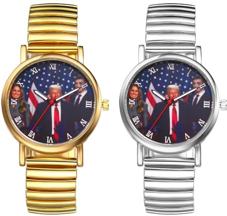 JewelryWe Herrenuhr Trump Elastische Uhren: 2pcs Trumps Siegesrede Trump-Familie Analog Quarz Armbanduhr Herren Damen Edelstahl Stretch Armband Ultradünne Uhr mit Zugarmband & Römischen Zahlen