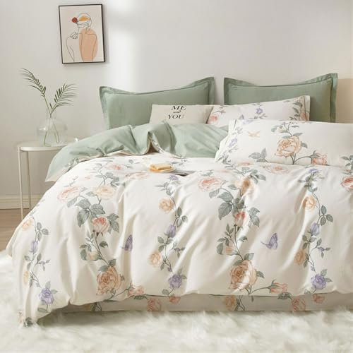 Nyescasa Housse de Couette 220x240 Blanc Vert Feuilles Fleurie Floral Papillion Violet Parure de lit Adulte 2 Personnes en Microfibre Housse Couette avec Fermeture Éclair et 2 Taies d'oreiller 65x65cm