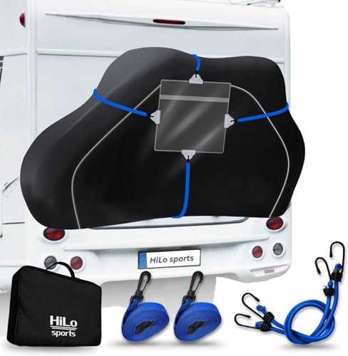 HiLo sports Fahrradschutzhülle Wohnmobil für 2 bis 3 Fahrräder - [Inkl. 2X Schnellspanner & 2X Spannseil] - Reißfeste E-Bike Abdeckplane für Wohnmobile - Fahrrad Transportschutz hinten offen