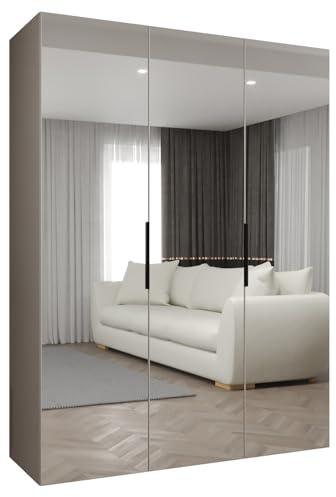 MEBLE KRYSPOL - Kleiderschrank mit Spiegel - Drehtürenschrank - Schrank 150x202x52cm - Garderobenschrank Schlafzimmer, Flur, Jugendzimmer - Farbe Kaschmir, Griff Schwarz - Marbella 3 150