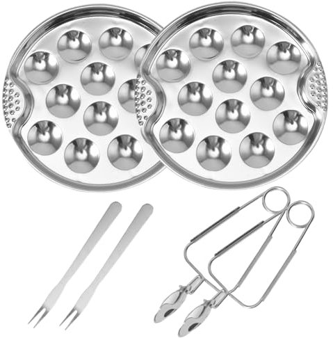 Cunlvyyds Placa Escargot 2 Sets Plato de acero inoxidable con pinza y horquilla Round 12 Compartimento Manejo de plato para hornear, hornear