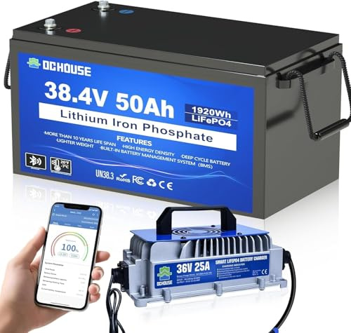 DCHOUSE 36V 50Ah Batterie lithium, Lifepo4 avec chargeur 36V 25A, BMS Bluetooth 2C 100A intégré, arrêt à basse température pour voiturettes de golf, bateaux et camping-cars
