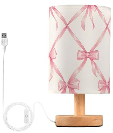 Mnsruu Bedside Table Lamp Pink Bow Plaid Bedside Lamps LED Light Desk Lamp Fabric Shade Small Lamp for Bedroom Living Room (Bulb Included)