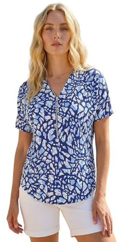 Roman Front Zip Top for Women UK Ladies Brushed Blouse Soft Jumper Smart Casual Work Winter Autumn Spring Warm Long 3/4 Short Sleeve V Neck Sweater T-Shirts - Navy Abstract - Size 12