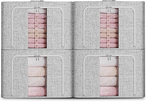 FYTXSZ Clothes Storage Boxes 66L with Metal Frame, Foldable Fabric Storage Bins with Lid and Clear Window, Stackable Organizer Box with Zipper and Handles for Closet, Bedroom (Fog Grey, 66L-4Pack)
