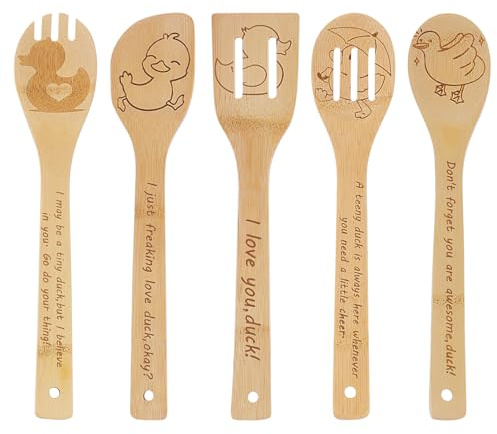5PCS Duck Wooden Cooking Spoons Kitchen Decor Duck Gifts for Women Men Duck Lovers Birthday Gifts Party Favors Housewarming Wedding Bamboo Cooking Spoons for Everyday Use