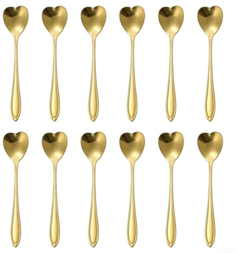 TDCuizent - Confezione da 12 cucchiaini da caffè a forma di cuore in acciaio inossidabile lucido per casa, ristorante, cucina, tavolo da pranzo, design elegante (dorato)