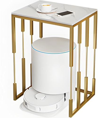 Modernes Staubsauger Aufbewahrungsregal mit Schieferplatte, Heim-Roboter Aufbewahrungsregal, Doppelstöckiges Roboter Staubsauger Regal für Flur, Wohnzimmer, Schlafzimmer(Brown+gold,40*60*70cm)