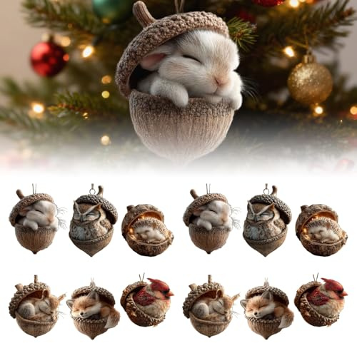 Waldtiere, -Ornamente, gemütlicher Wald, Weihnachtsschmuck, 6 Stück, Acryl, niedliche Tier-Weihnachtsbäume, hängende Dekorationen, rustikale Natur-Themen-Heimdekoration, Tierliebhaber-Geschenk