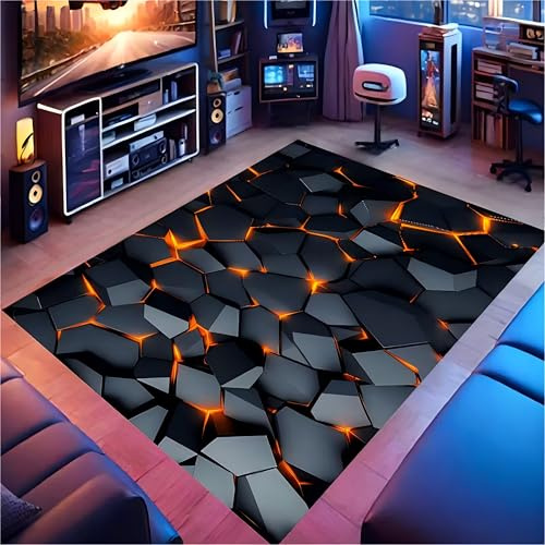 USHIRUG Geometrischer Teppich, 160x200cm, Abstraktes Geometrisches Muster In Schwarz und Orange im Lava-Stil, rutschfest, Waschbar, 3D-Illusions-Teppich für Wohnzimmer, Schlafzimmer, Esszimmer