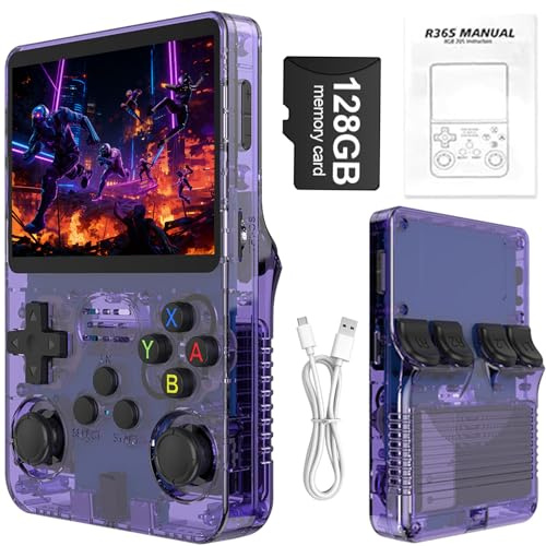 R36S Retro Handheld Games Console, 40,000+ Classic Games Portable Pocket Video Player with 3.5 Inch HD Screen, 128G TF Card, 3300mAh Battery,Open Source Linux System Screen for Teens and Adults,Purple