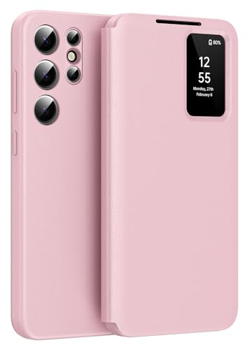 Techsuit für Samsung Galaxy S22 Ultra 5G Flip Folio Hülle mit Smart View Fenster, Anti Fingerabdruck, 360 Grad Schutz, Magnetverschluss, SmartView Series, PU Leder, Rosa