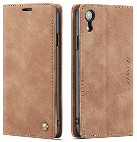 QLTYPRI Hülle für iPhone XR, Vintage Dünne Handyhülle mit Kartenfach Geld Slot Ständer PU Ledertasche TPU Bumper Wallet Case Flip Schutzhülle Kompatibel mit iPhone XR - Braun
