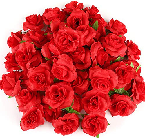 Kesote 50 Pcs Fleurs Artificielles Deco Tête de Rose 4cm, Fausse Fleur Artificielles Roses pour Décoration de Fête Mariage Album Maison - Rouge