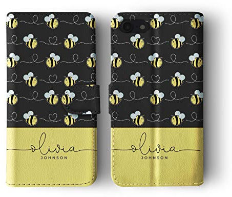 Tirita Personalised Initials Custom Wallet Leather Flip Phone Case Compatible with iPhone Xr PRINTED GLITTER, NOT REAL GLITTER Honey Bees Flying Bumblebees