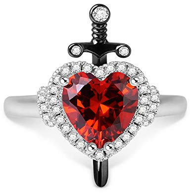 GNOCE Herzförmiger Ring mit roten Zirkonsteinen aus 925 Sterlingsilber Stech ein Messer in mein Herz Damenring mit Rubin Modeschmuck für Frau (Silber, 60 (19.1))