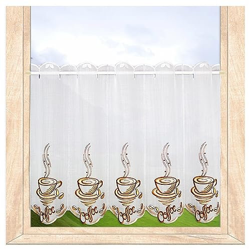 atelier alles-Spitze Küchen-Scheibengardine Coffee | Hochwertig bestickter Kurzstore mit Kaffee-Motiv in Weiß, Beige, Braun | Vogtländische Spitzenstickerei | Höhe x Breite 55 x 112 cm