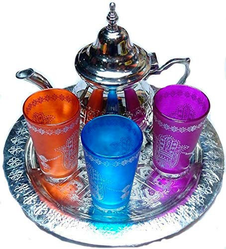 Juego de té marroquí. Tetera para 2 personas + bandeja diámetro 29 cm + 3 vasos de cristal de colores