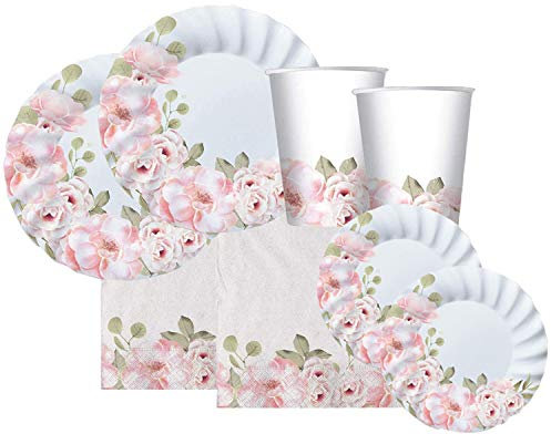 DIMAV Kit n.47 Accessori Tavola in Carta Floral con bellissime Decorazioni Floreali Rose boccioli di Rosa con Piatti Grandi e Piatti Dessert