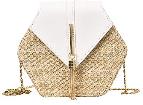 liuduo Handwoven Hexagonal Straw Basket Shoulder Bag for Women, Multi-Style Woven Chain Crossbody Bags Tote Rattan Handbag Boho Style Clutch Shopping Basket for Beach Travel, White, 190X120X60mm