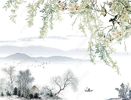 QEETapate Papier Peint Panoramique Paysage De Fleurs Et D'Oiseaux De Printemps Papier Peint Nature Intissé Murale Chambre Salon（400cmX280cm）