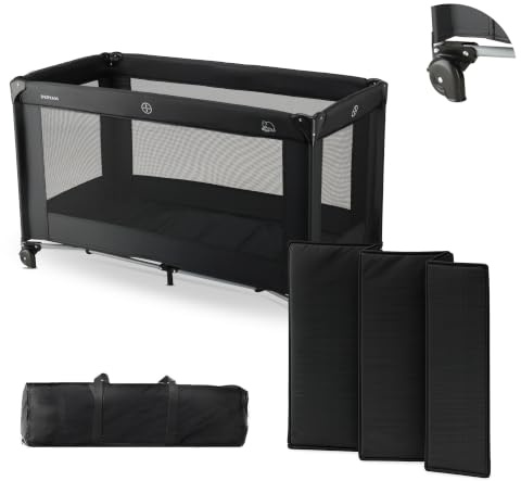 Deryan Reisebett Believer - 120 x 60 cm - Leicht - Kompakt - Faltbar - Für Babys und Kinder ab Geburt bis 15 kg - Inklusive Tragetasche - Schwarz