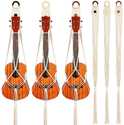 3 Stück Makramee Ukulele Aufhänger Wandhalterung, 53,3 cm bis 61 cm Boho Hängender Ständer Halter für Sopran-Koffer, Wanddekor-Alternativ-Kit, schwarzer Ring und Holzperle