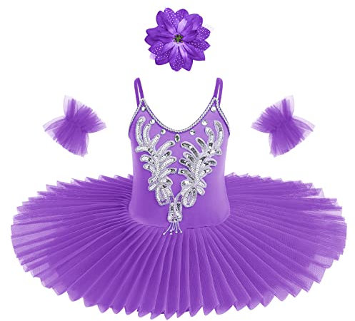 Vestito da Danza Classica per Ragazze Gonna Body Ginnico con Paillettes Senza Maniche Elegante Ballerina Dancewear Principessa Set di Costumi da Esibizione di Ballo Viola 5-6 Anni
