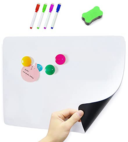 Whiteboard Magnetic Fridge White Board A4 for Home Kitchen Menu Meal Shopping List, Memo Board Reminder Notice Plan, 4 Marker Pens 1 Eraser 3 Colorful Round Magnets